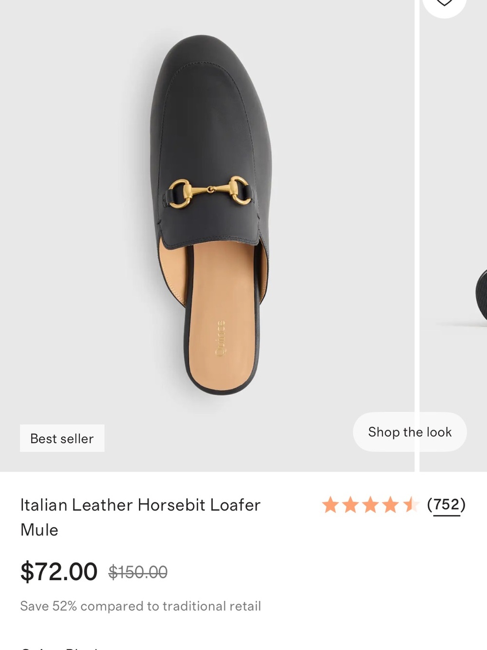 Quince Black Italian Leather Horsebit Loafer Mule with Gold Hardware